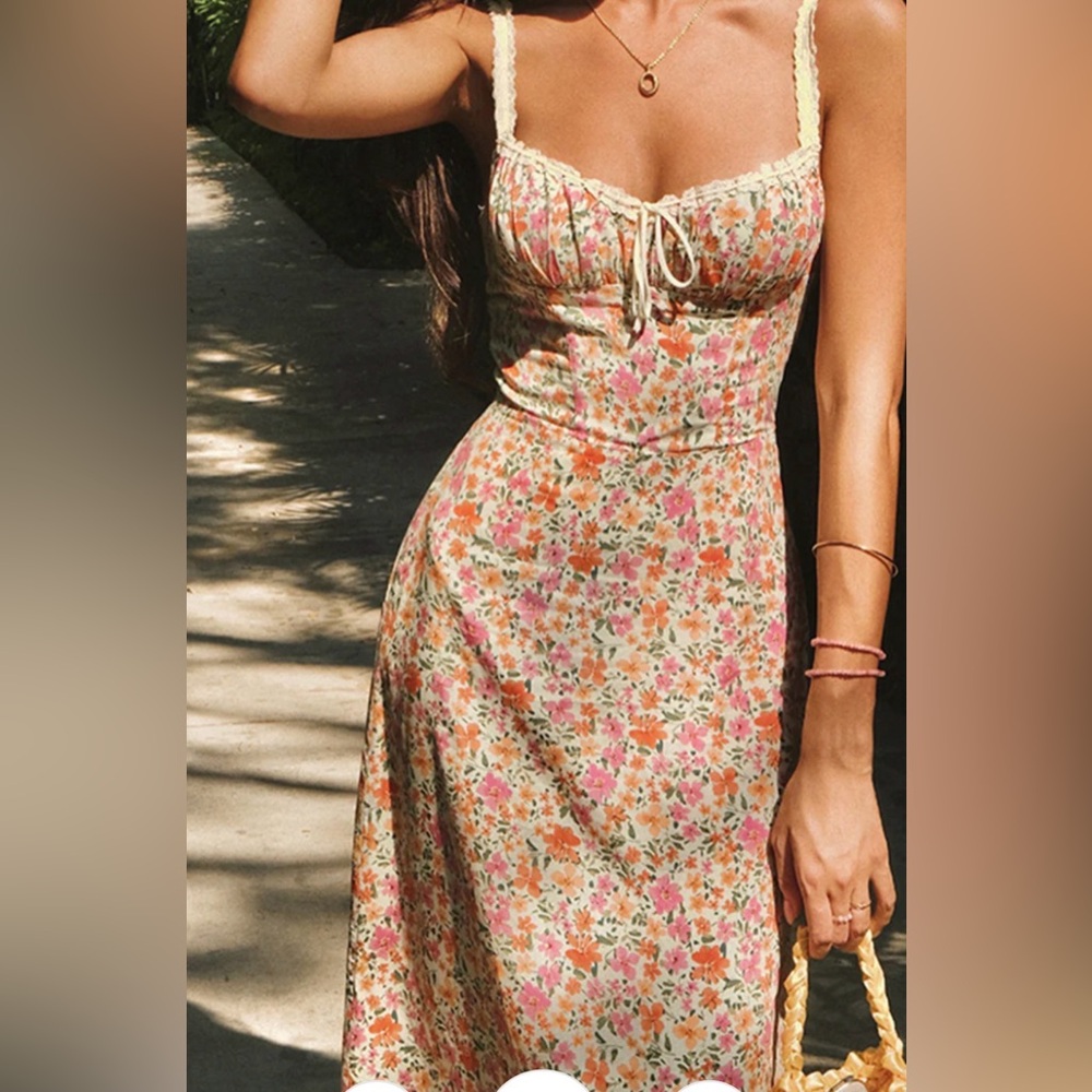 Commense Floral Midi Dress in Cream with Pink & Orange Flowers